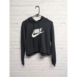 Nike Cropped Pullover Hoodie Women's XL Black Swoosh Logo Drawstring VGUC 354
